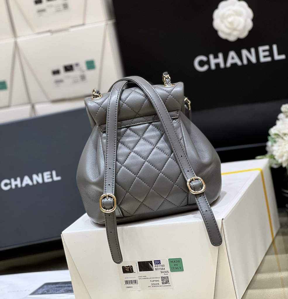 Chanel AS3787 Small Backpack Calfskin Gold-Tone Gray