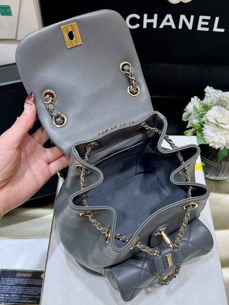 Chanel AS3787 Small Backpack Calfskin Gold-Tone Gray