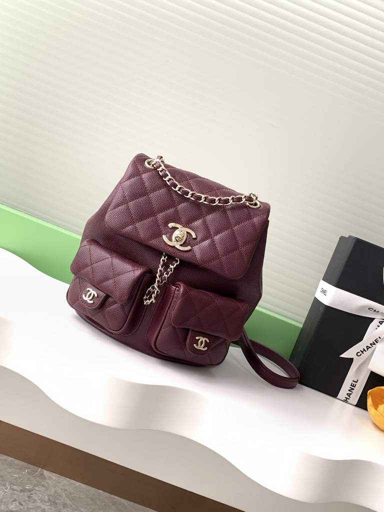 Chanel backpack Grained shiny calfskin AS3860 gold wine red