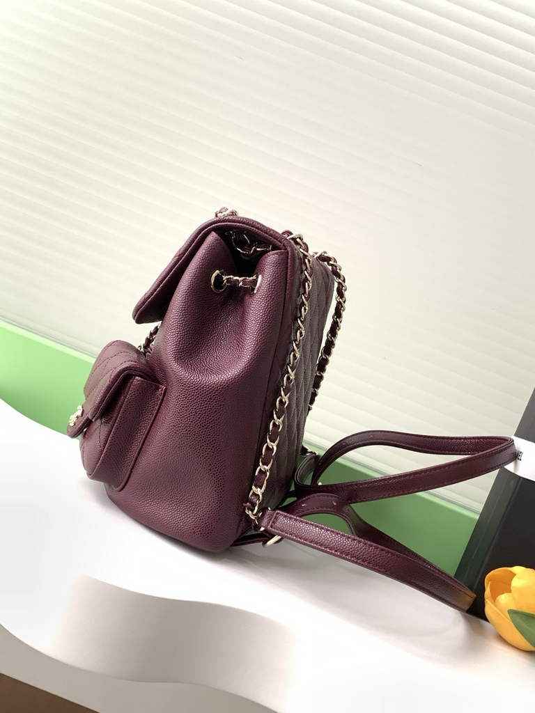 Chanel backpack Grained shiny calfskin AS3860 gold wine red