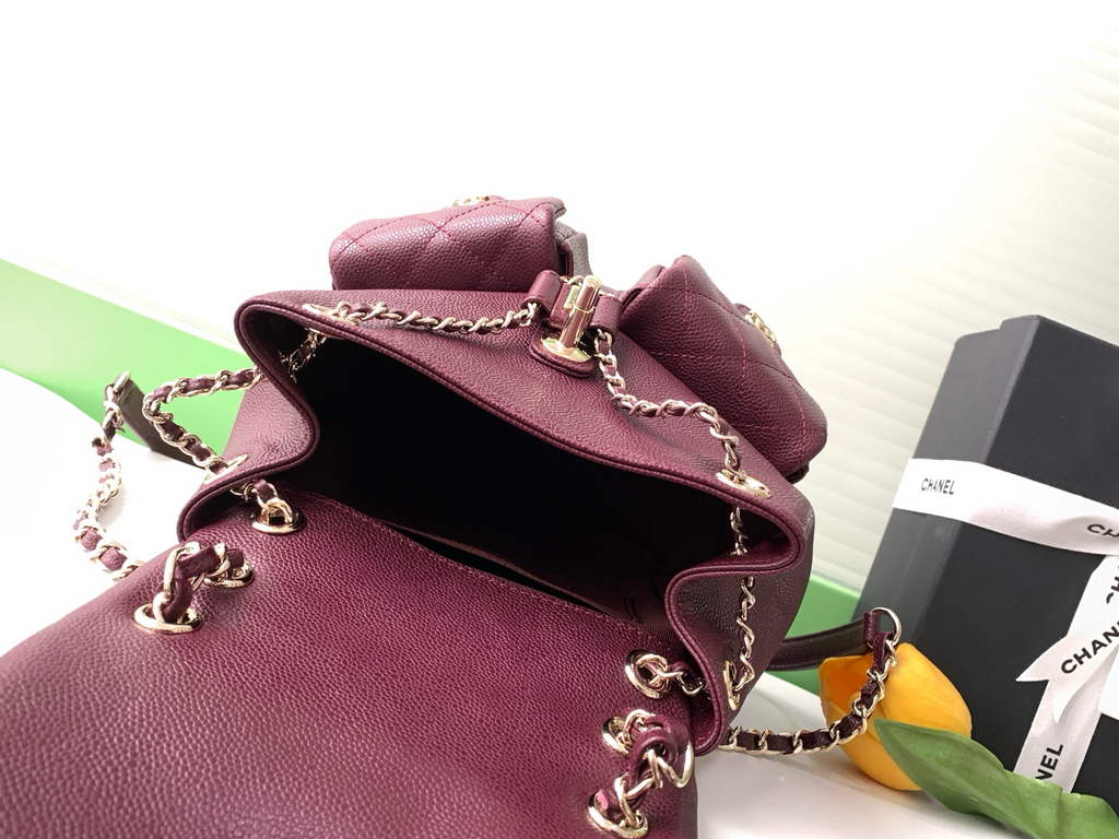 Chanel backpack Grained shiny calfskin AS3860 gold wine red