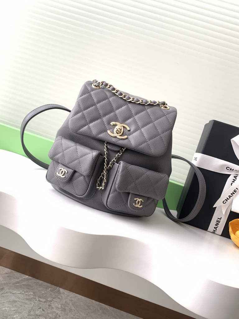 Chanel backpack Grained shiny calfskin AS3860 gold gray