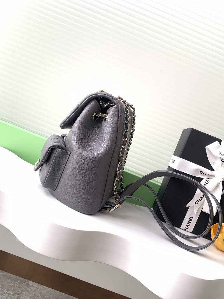 Chanel backpack Grained shiny calfskin AS3860 gold gray