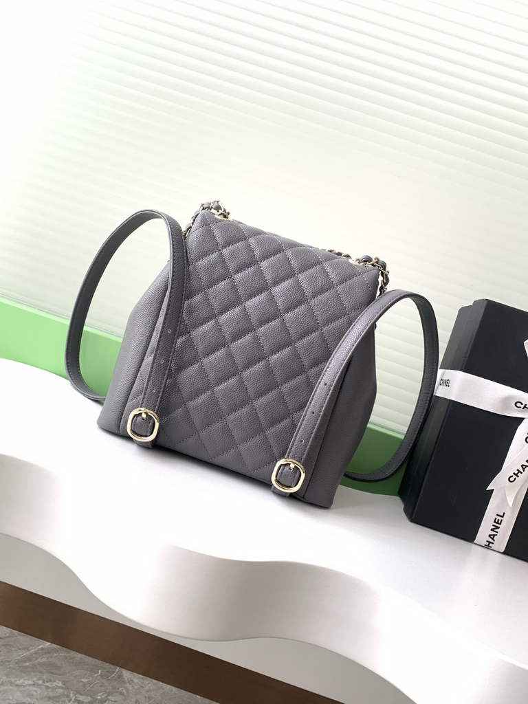 Chanel backpack Grained shiny calfskin AS3860 gold gray