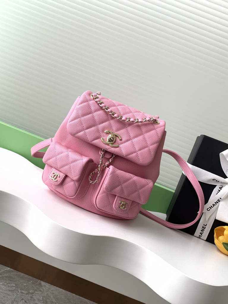 Chanel AS3860 backpack Grained shiny calfskin gold pink