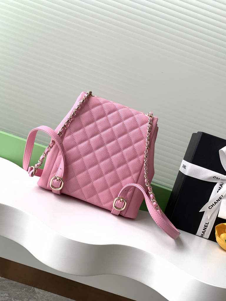 Chanel AS3860 backpack Grained shiny calfskin gold pink