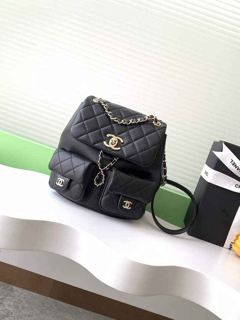 Chanel AS3860 backpack Lambskin gold Black
