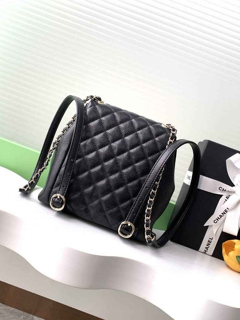 Chanel AS3860 backpack Grained shiny calfskin gold Black