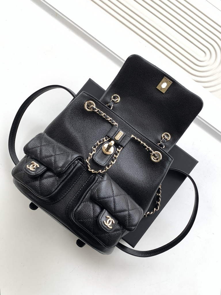 Chanel AS3860 backpack Grained shiny calfskin gold Black