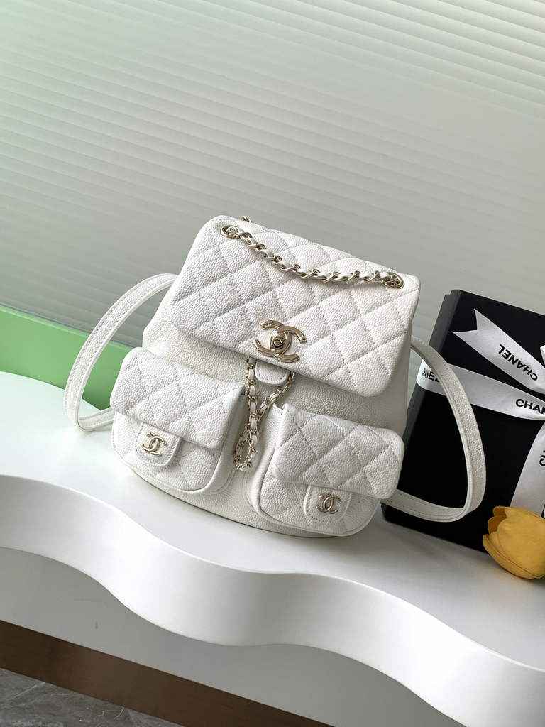 Chanel AS3860 backpack Grained shiny calfskin gold white