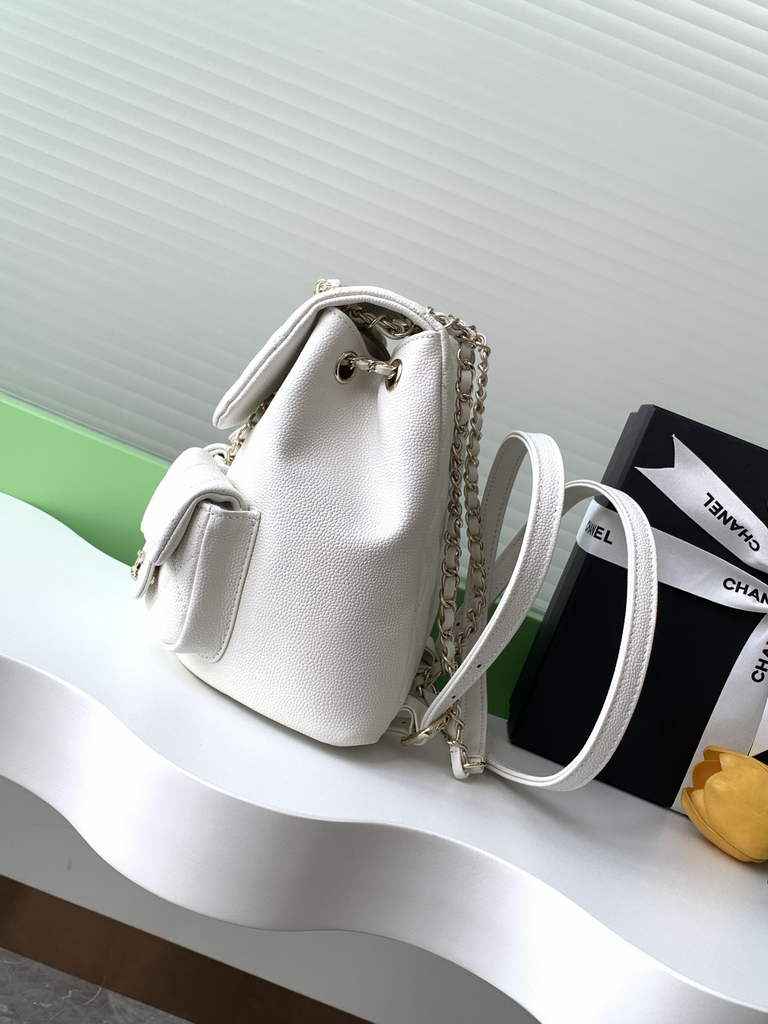Chanel AS3860 backpack Grained shiny calfskin gold white