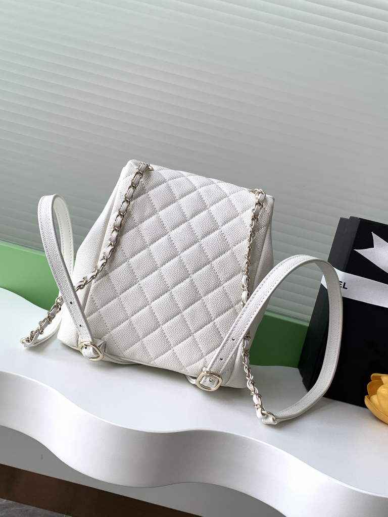 Chanel AS3860 backpack Grained shiny calfskin gold white