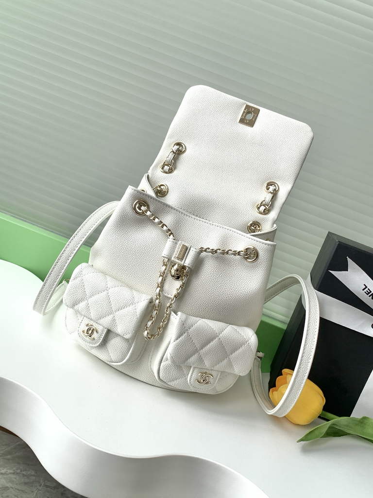Chanel AS3860 backpack Grained shiny calfskin gold white