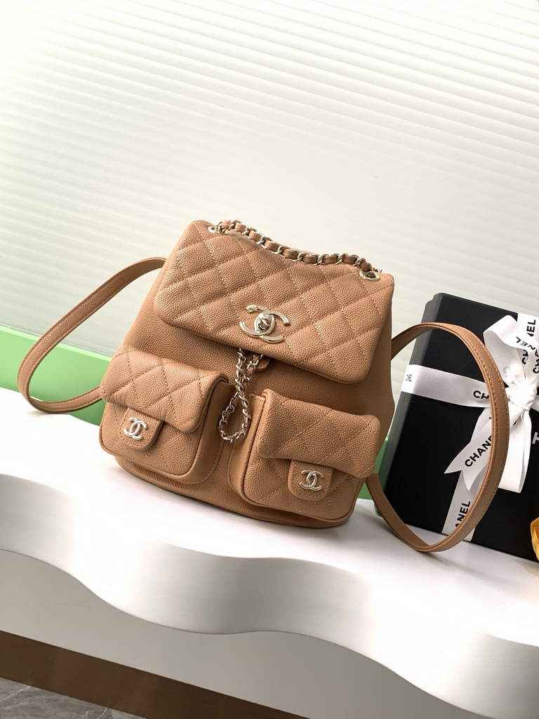 Chanel AS3860 backpack Grained shiny calfskin gold brown