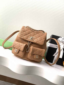 Chanel AS3860 backpack Grained shiny calfskin gold brown