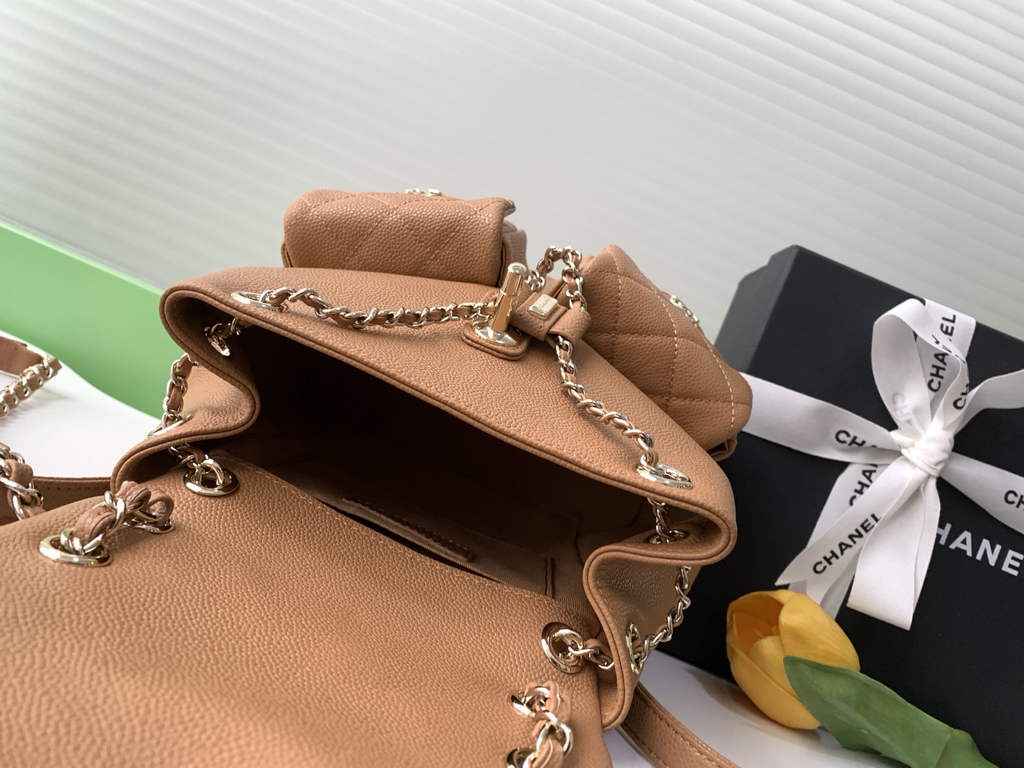 Chanel AS3860 backpack Grained shiny calfskin gold brown