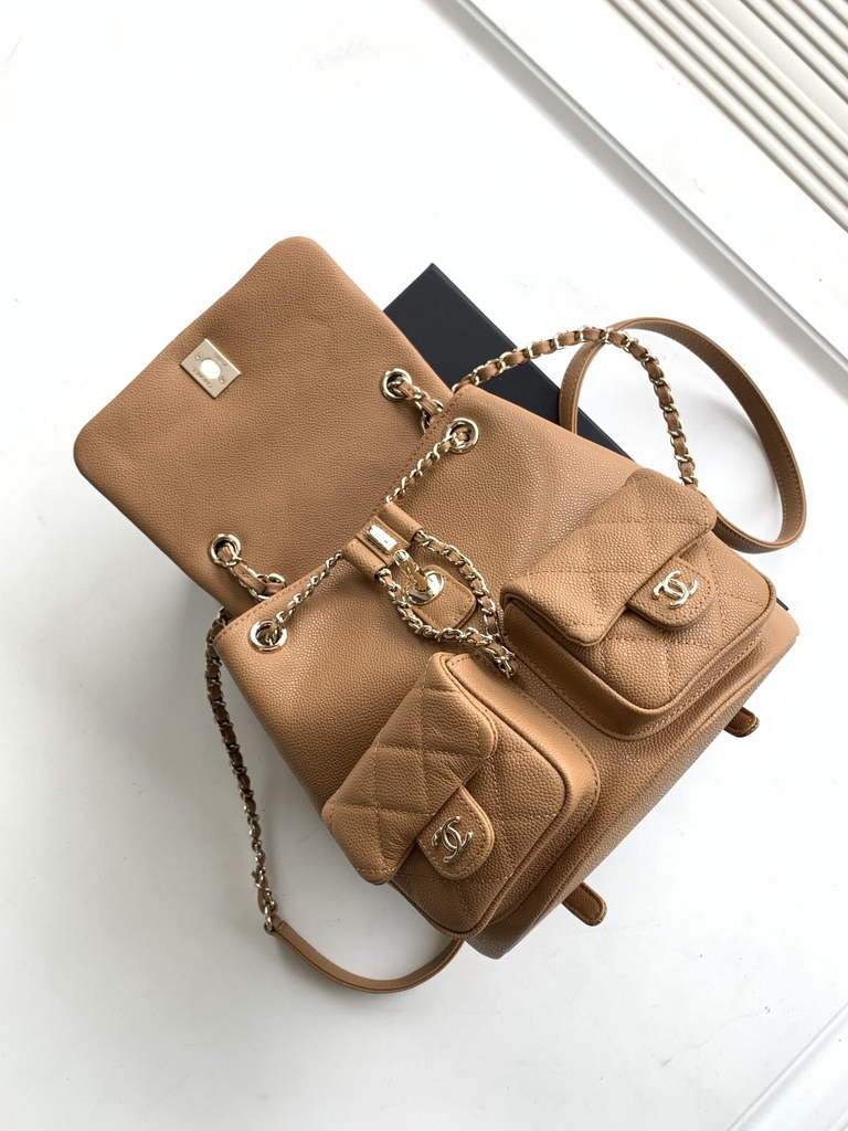 Chanel AS3860 backpack Grained shiny calfskin gold brown
