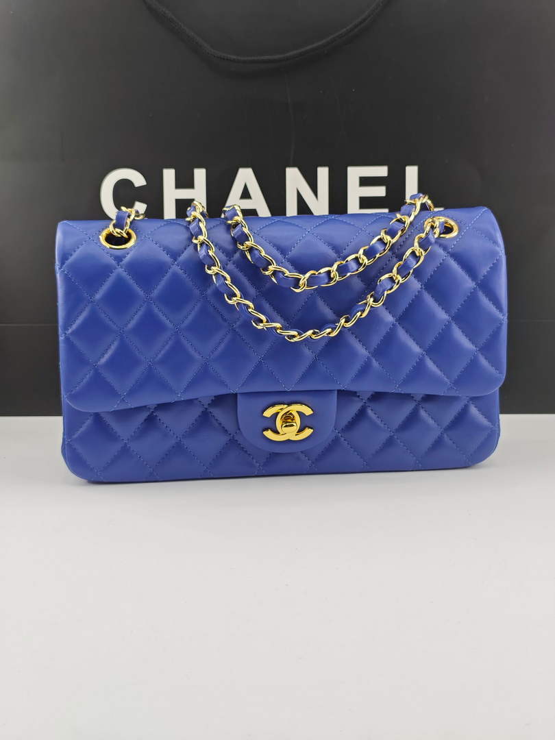 Chanel Classic Handbag, A01112 Dark Blue Lambskin Gold - Default Title - View 1