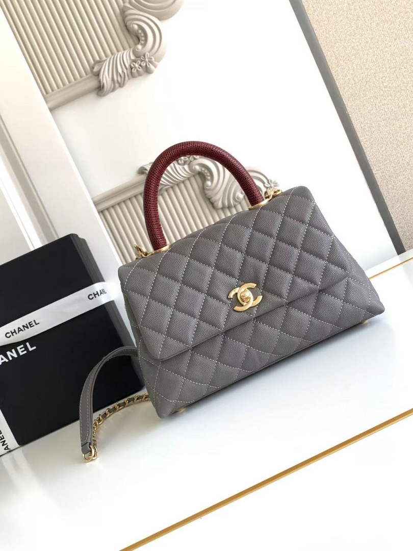 Chanel Flap bag with top handle A92990, Dark Gray Red calfskin