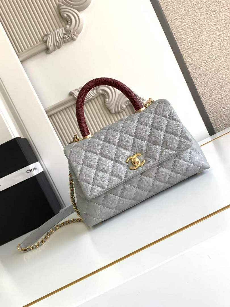 Chanel Flap bag with top handle A92990, Gray Red calfskin