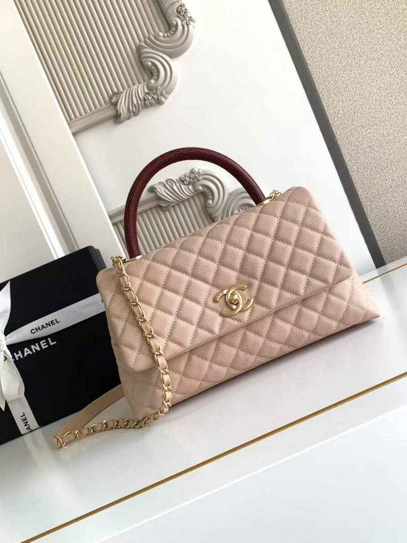 Chanel Large Flap bag with top handle A92991, Apricot Red calfskin