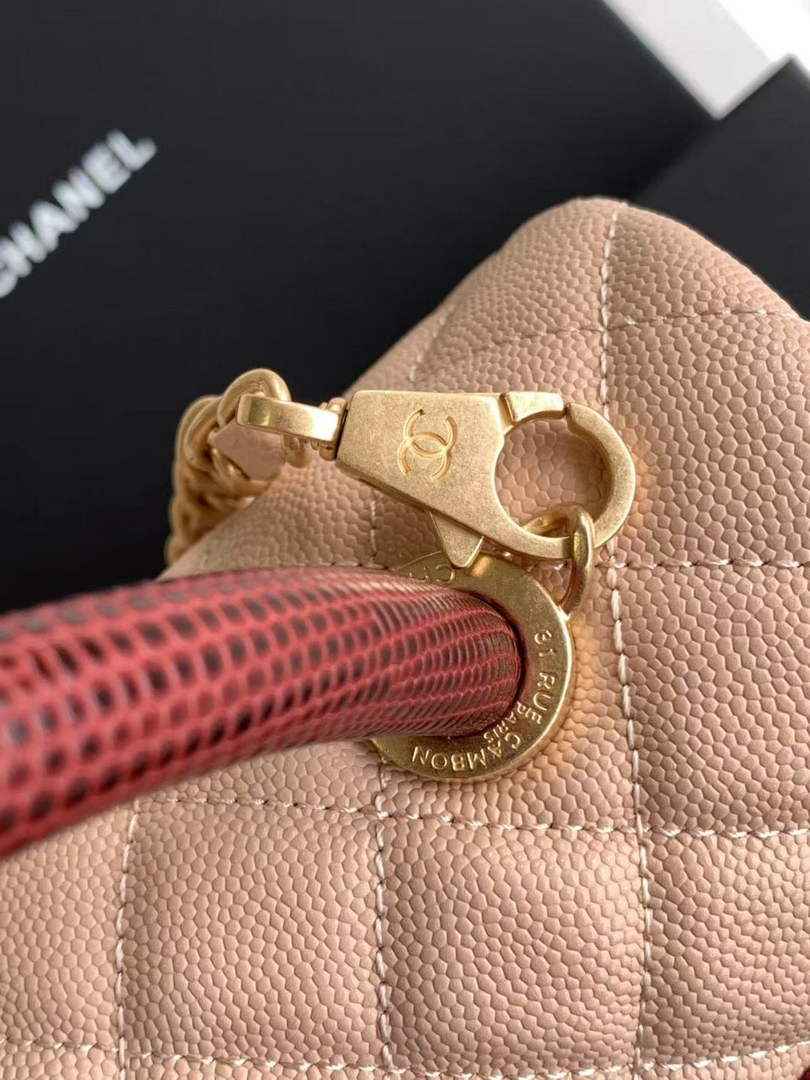 Chanel Large Flap bag with top handle A92991, Apricot Red calfskin