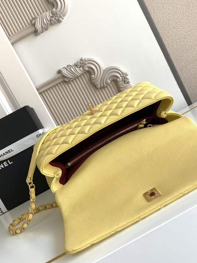 Chanel Large Flap bag with top handle A92991, Yellow calfskin