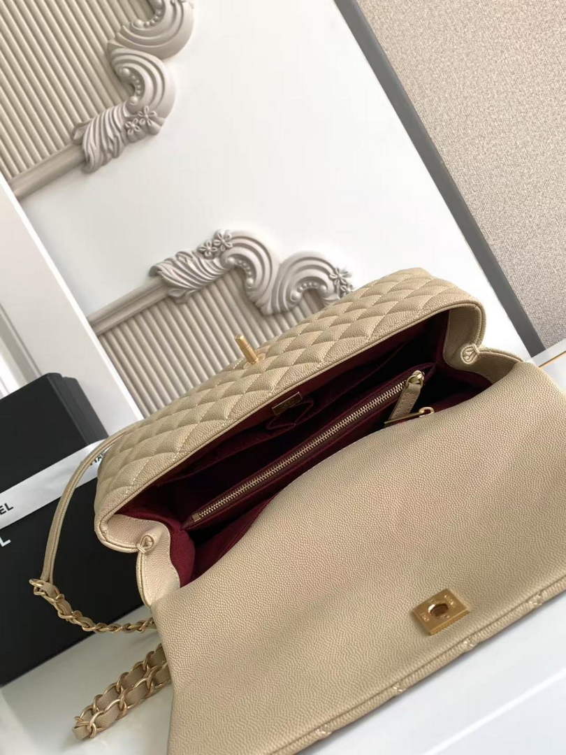 Chanel Large Flap bag with top handle A92991, Apricot Red calfskin