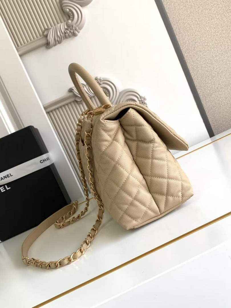 Chanel Large Flap bag with top handle A92991, Apricot calfskin