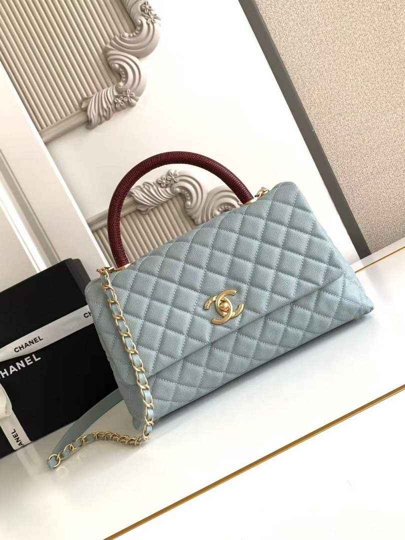 Chanel Large Flap bag with top handle A92991, Blue Red calfskin