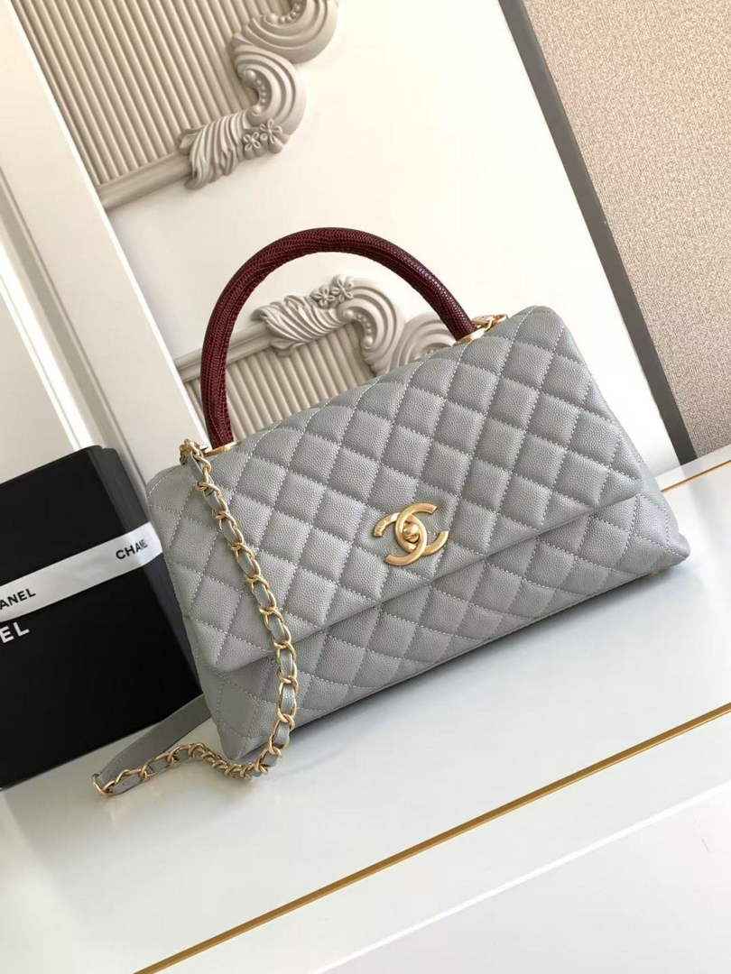 Chanel Large Flap bag with top handle A92991, Gray Red calfskin