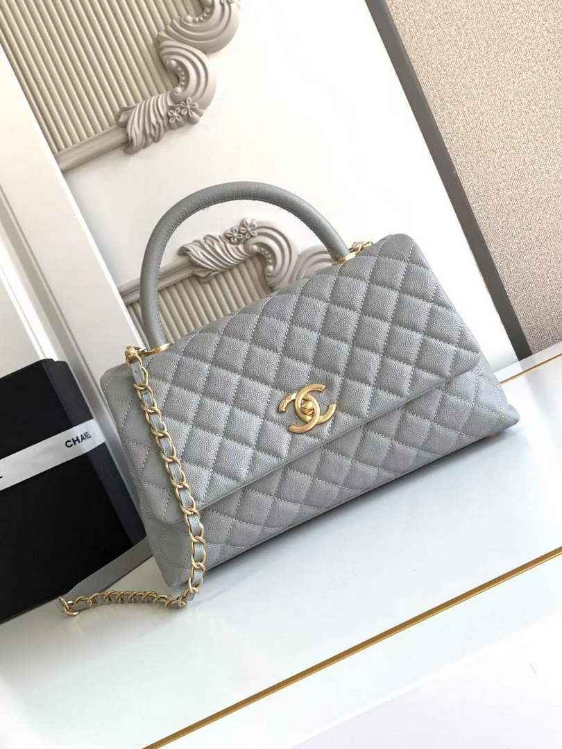 Chanel Large Flap bag with top handle A92991, Gray calfskin