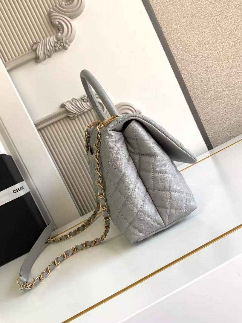 Chanel Large Flap bag with top handle A92991, Gray calfskin
