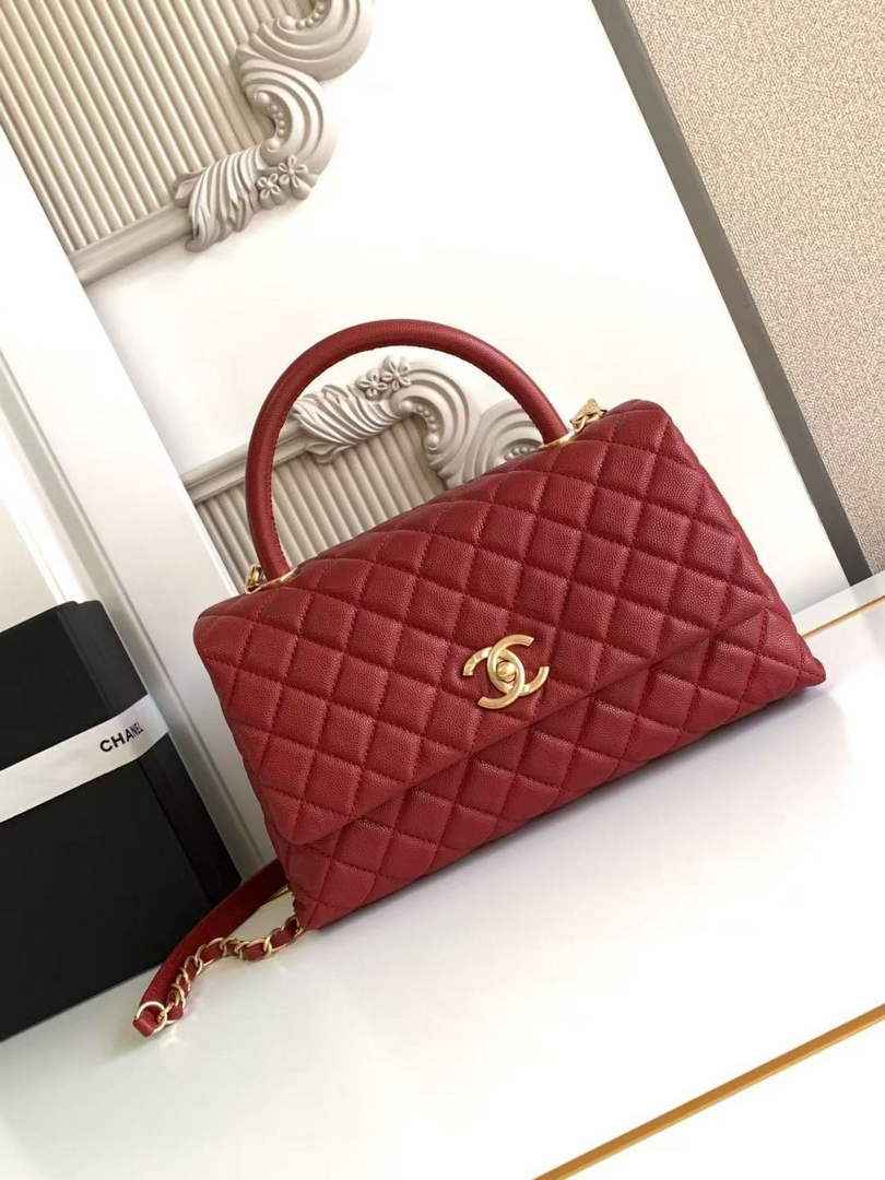 Chanel Large Flap bag with top handle A92991, Red calfskin Gold