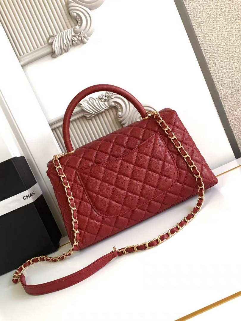 Chanel Large Flap bag with top handle A92991, Red calfskin Gold