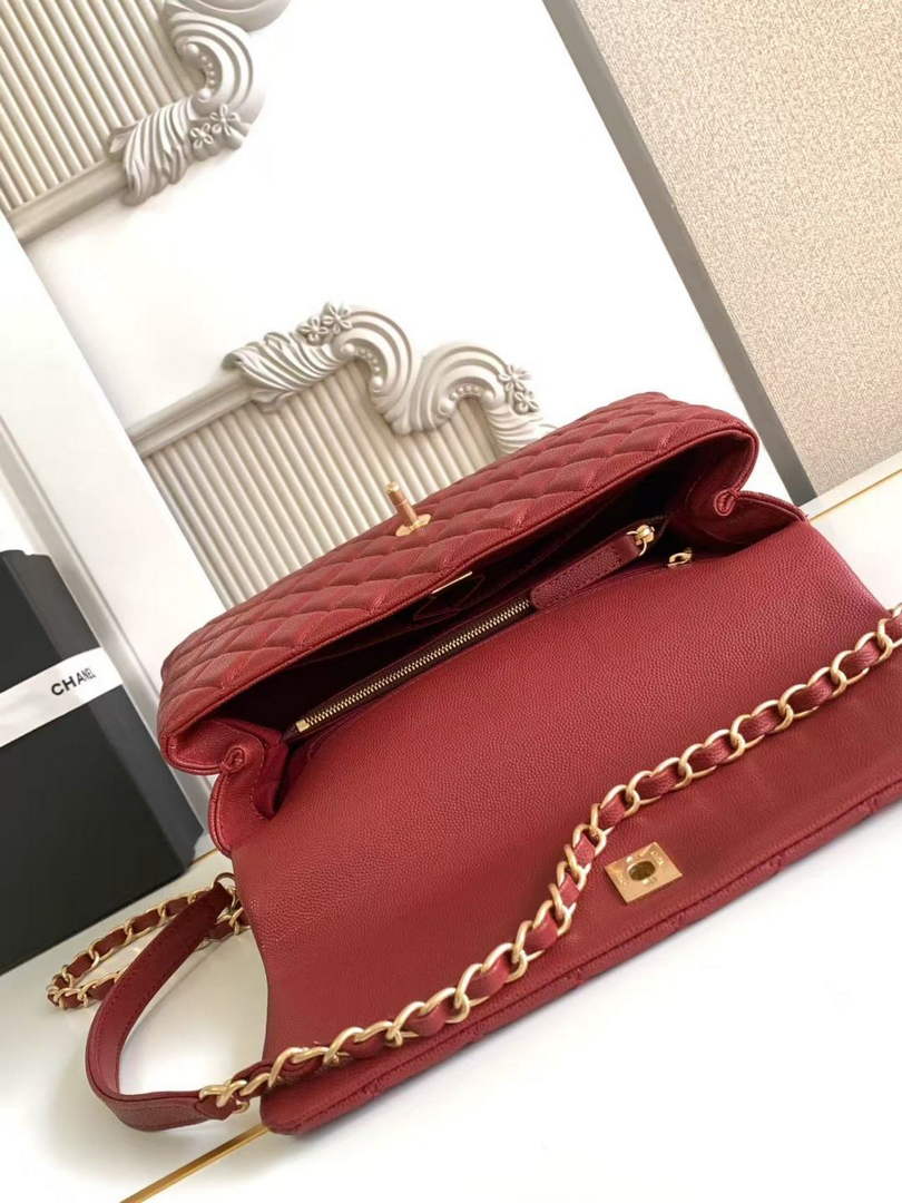 Chanel Large Flap bag with top handle A92991, Red calfskin Gold