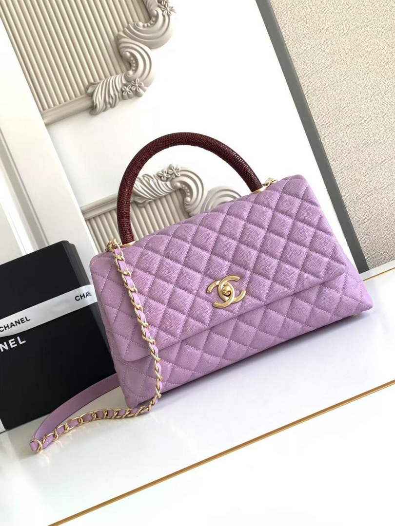 Chanel Large Flap bag with top handle A92991, Purple Red calfskin