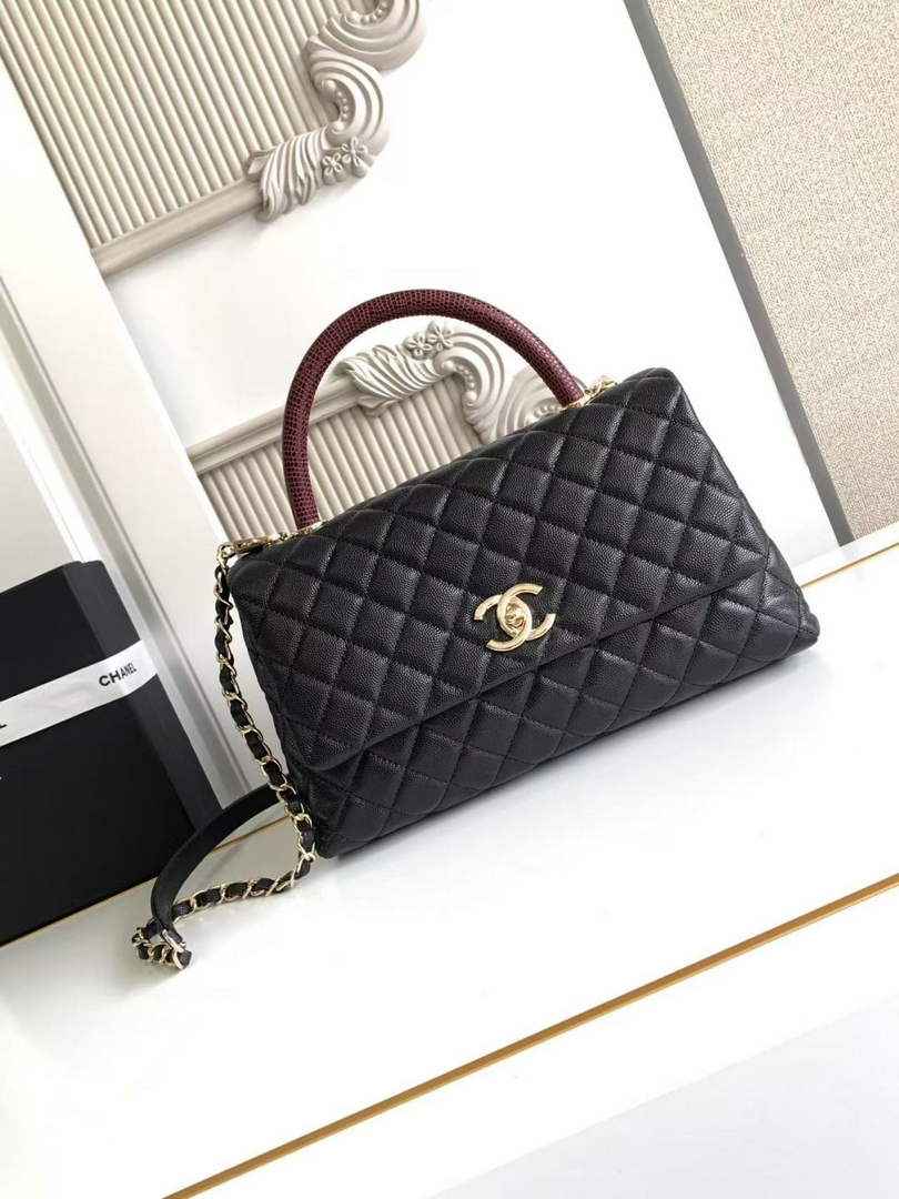 Chanel Large Flap bag with top handle A92991, Black Red calfskin