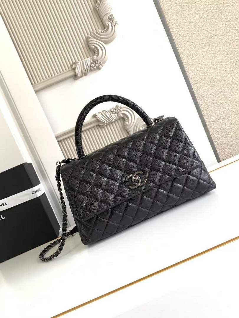 Chanel Large Flap bag with top handle A92991, Black calfskin