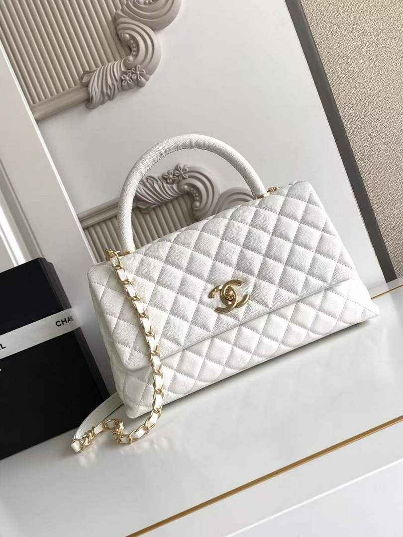 Chanel Large Flap bag with top handle A92991, White calfskin