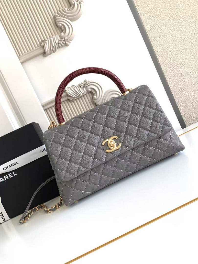 Chanel Large Flap bag with top handle A92991, Dark Gray Red calfskin