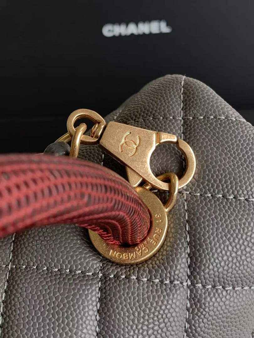 Chanel Large Flap bag with top handle A92991, Dark Gray Red calfskin