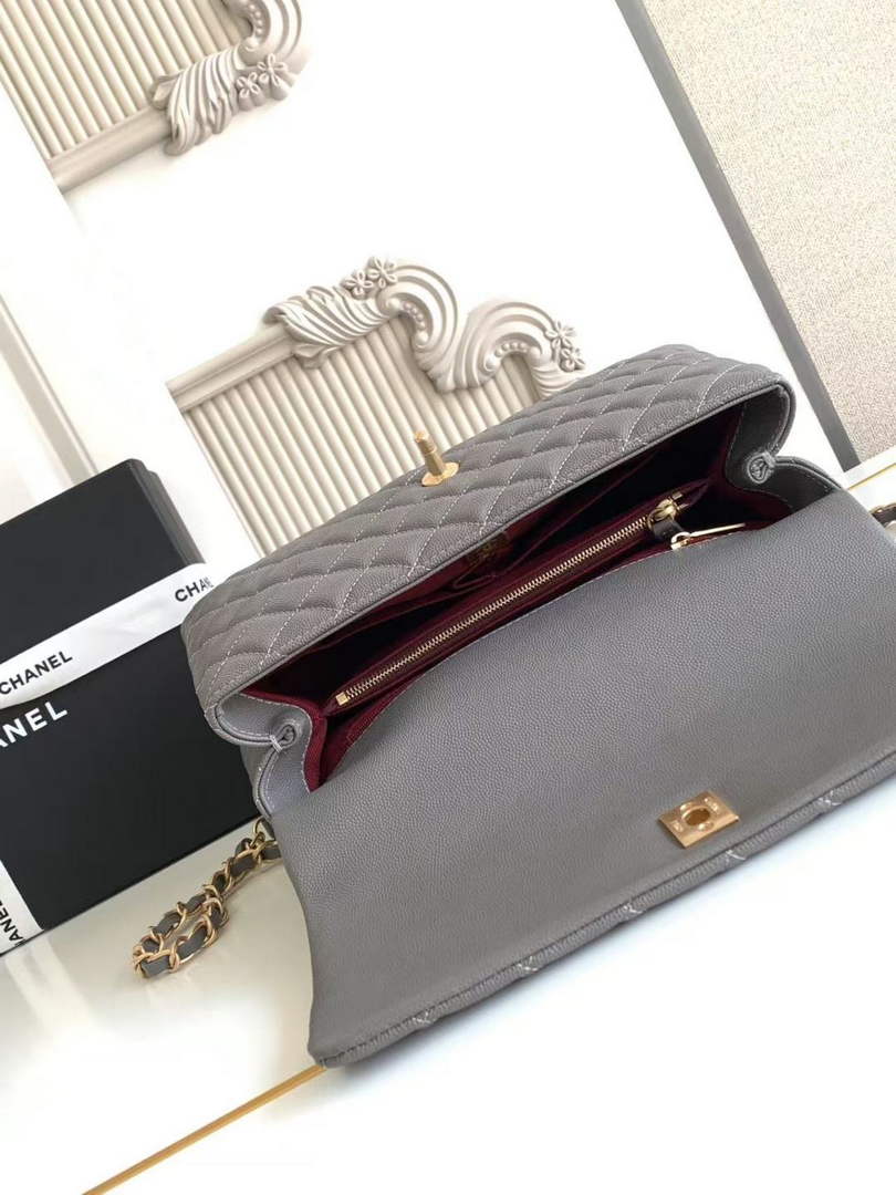 Chanel Large Flap bag with top handle A92991, Dark Gray Red calfskin