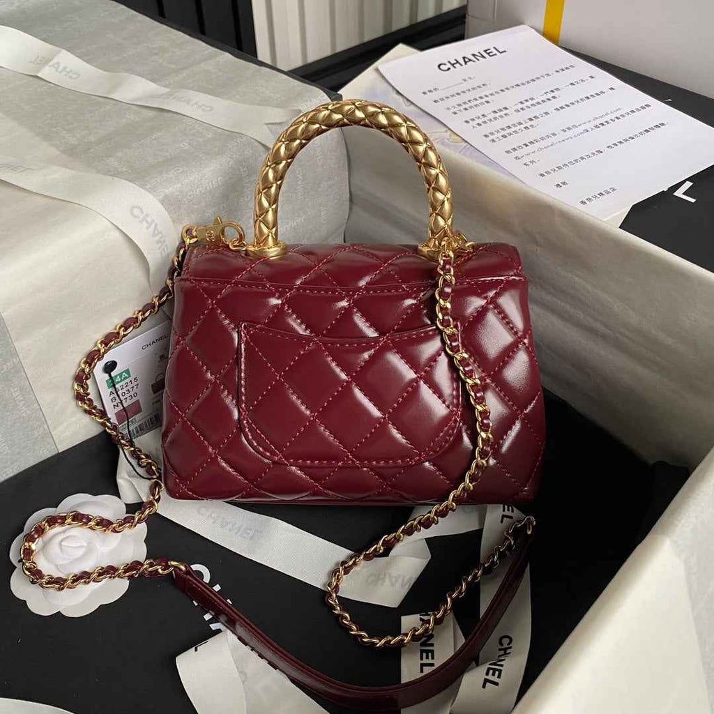 Chanel Mini Flap Bag with Top Handle AS2215 - Wine Red Calfskin