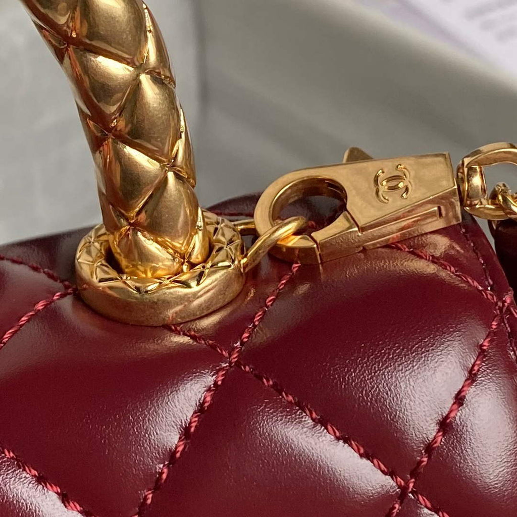 Chanel Mini Flap Bag with Top Handle AS2215 - Wine Red Calfskin