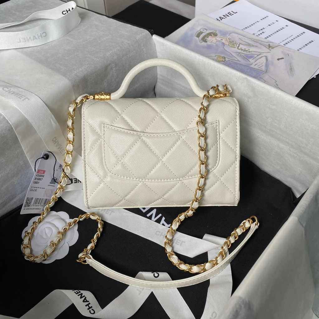 Chanel mini flap bag with top handle, AS4956 white calfskin