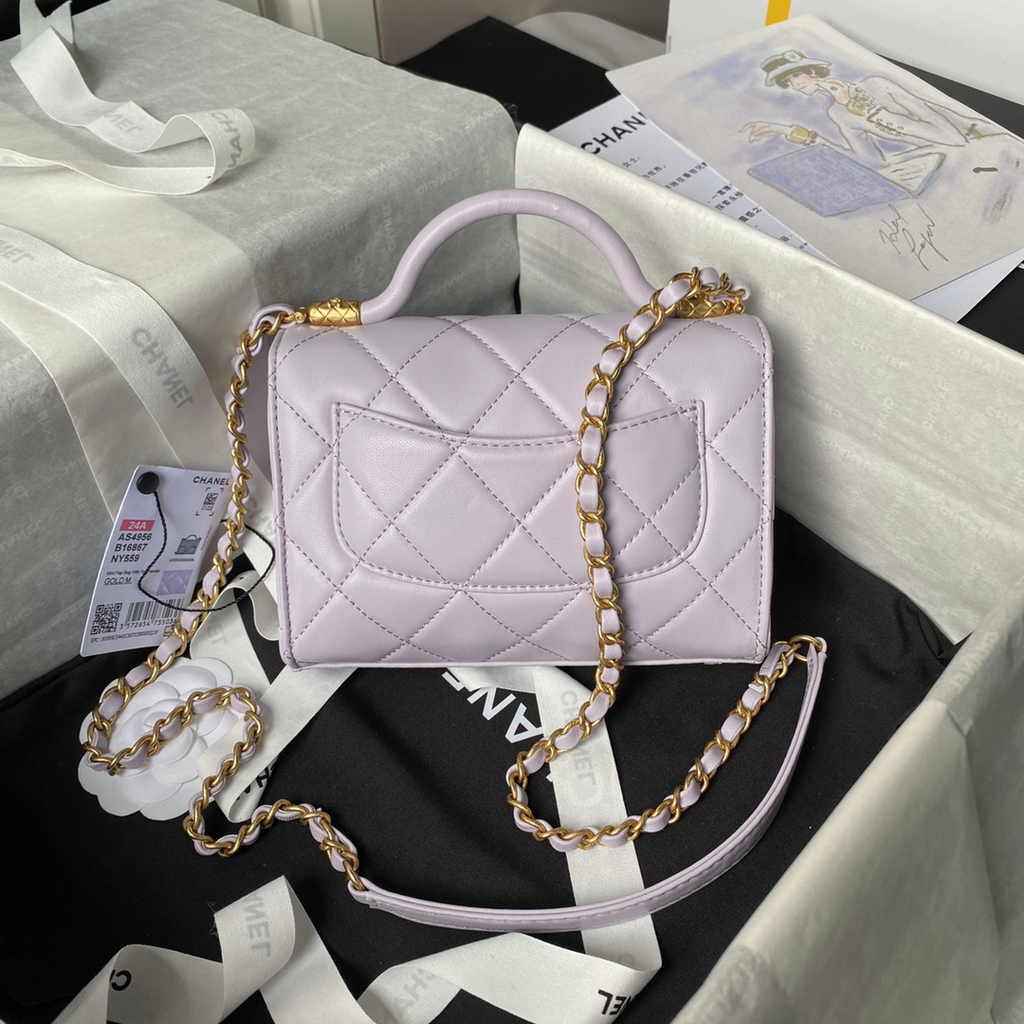 Chanel mini flap bag with top handle, AS4956 purple Lambskin