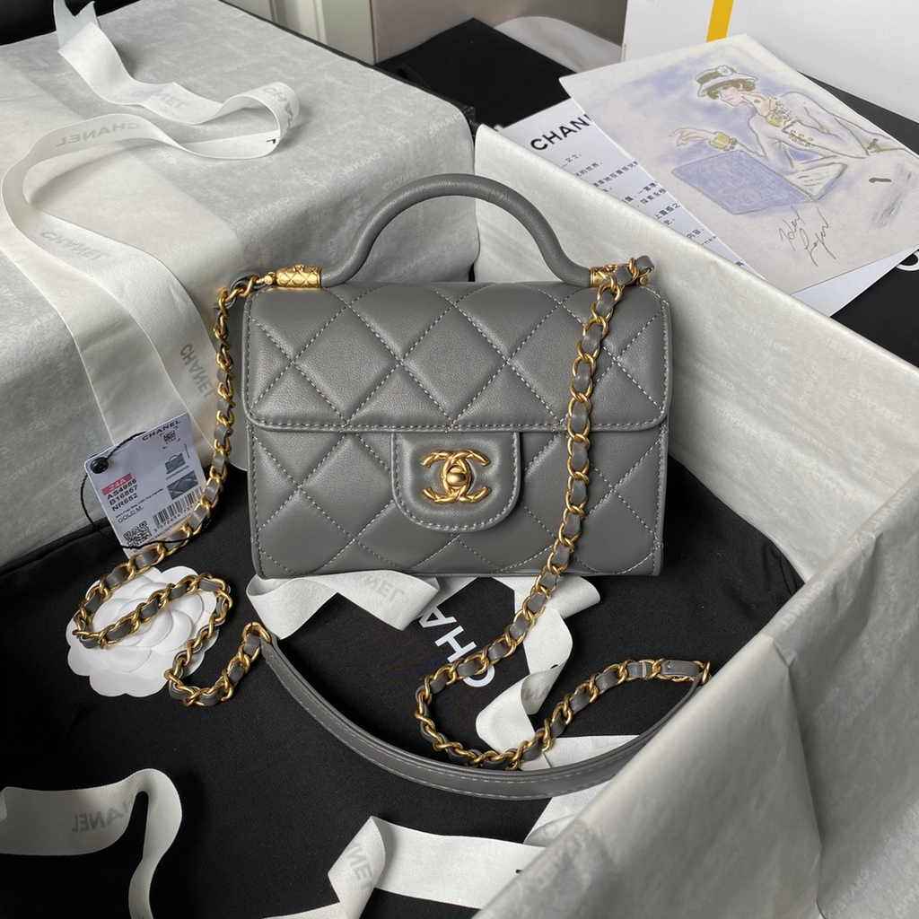 Chanel mini flap bag with top handle, AS4956 gray Lambskin