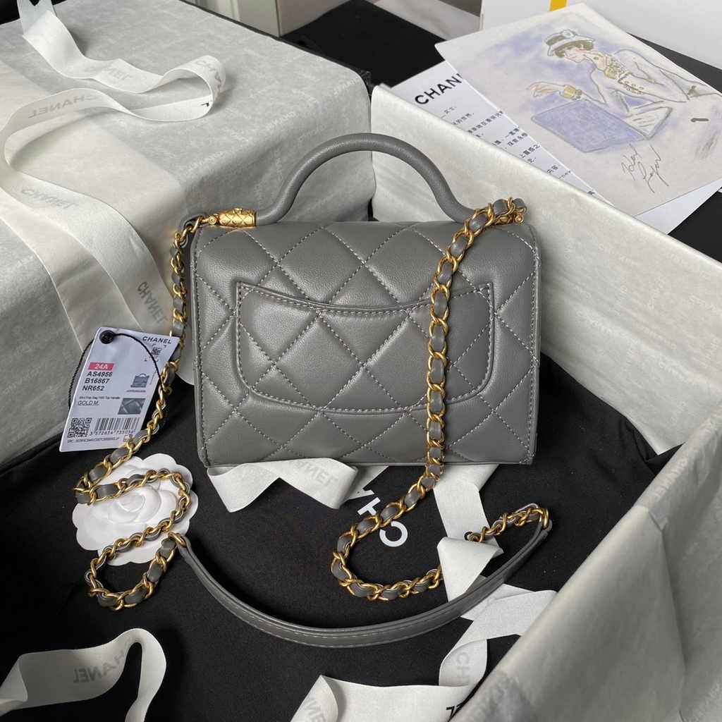 Chanel mini flap bag with top handle, AS4956 gray Lambskin