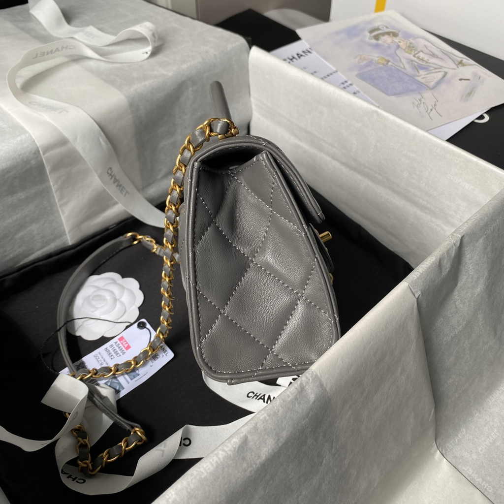 Chanel mini flap bag with top handle, AS4956 gray Lambskin